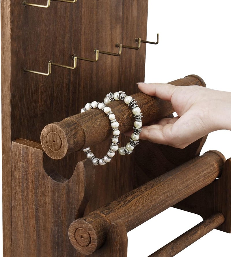 Ikee Design 18 Hooks and 2 Removable Bars Wood Jewelry Holder Organizer Stand, Earring Bracelet Jewelry Display Stand Organizer, Necklace Bracelet Holder, Brown Color - Image 5